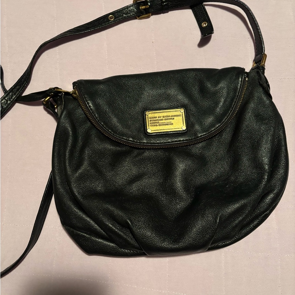 Marc Jacobs Black Leather Crossbody Bag with Gold Accents